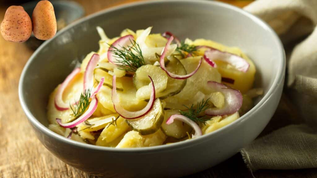Salade de pommes de terre froide : Une recette délicieuse et facile à réaliser Bol de salade de pommes de terre garnie d’oignons rouges, de cornichons et d’aneth frais.