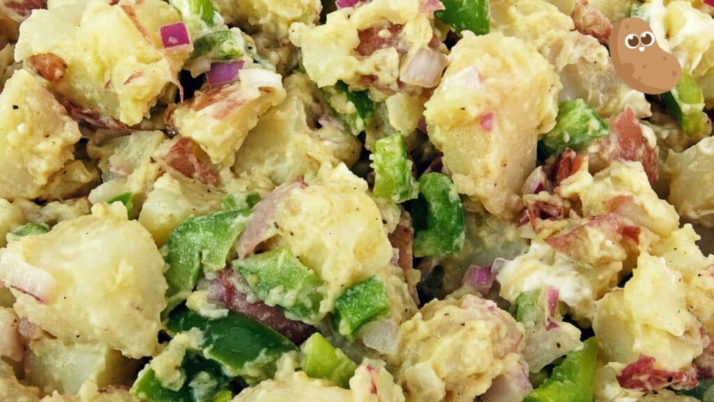 Gros plan d’une salade de pommes de terre crémeuse avec poivrons verts et oignons rouges.