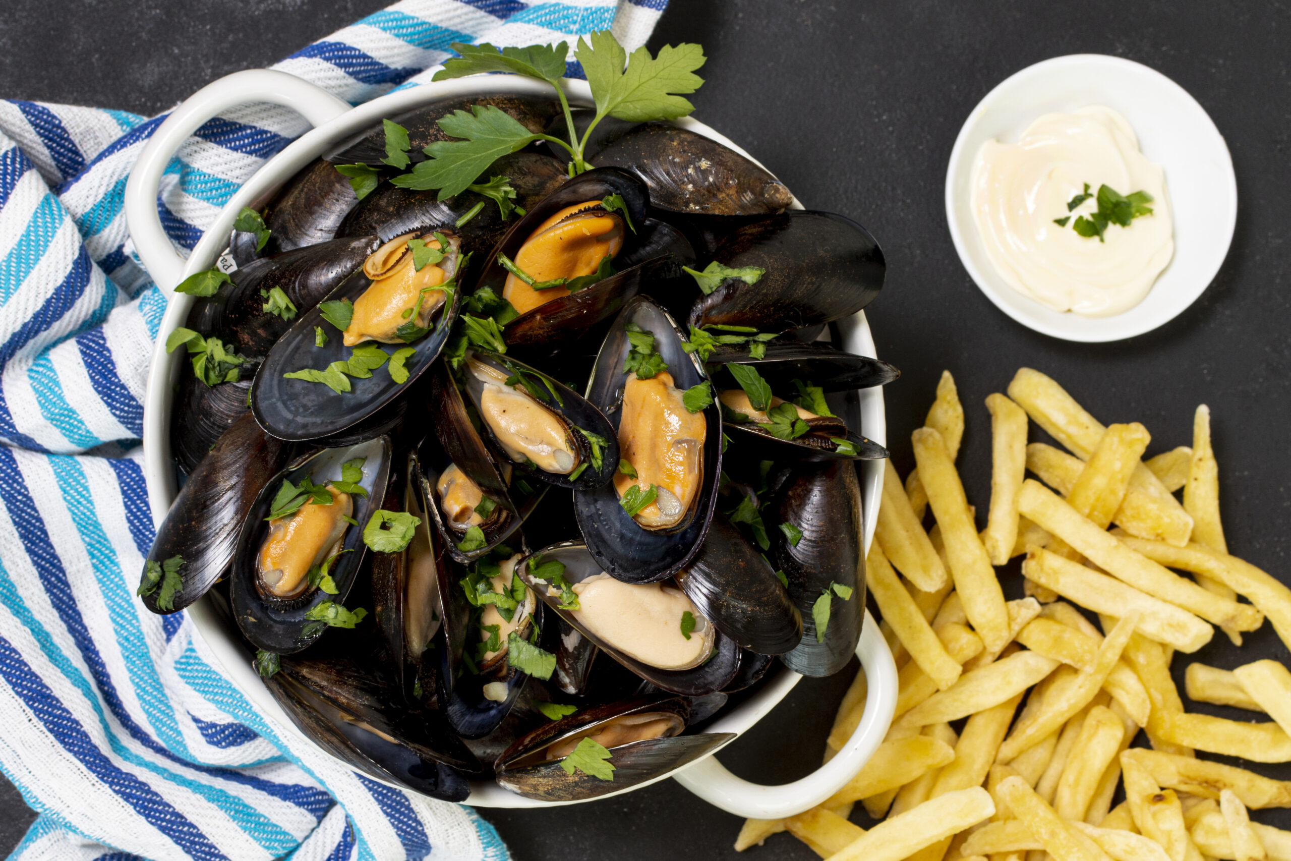tasty mussel with french fries scaled