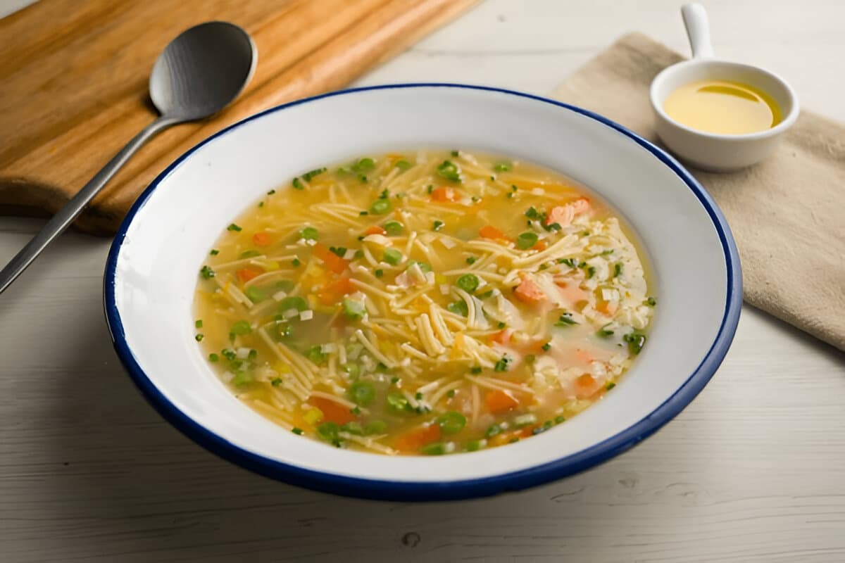 Soupe vermicelle aux petits légumes maison Soupe vermicelle aux légumes dans une assiette blanche émaillée