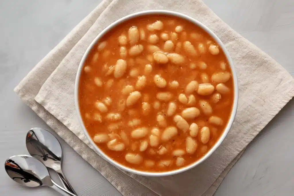 Bol de fèves au lard dans une sauce tomate onctueuse, posé sur une serviette en lin avec deux cuillères en acier inoxydable.