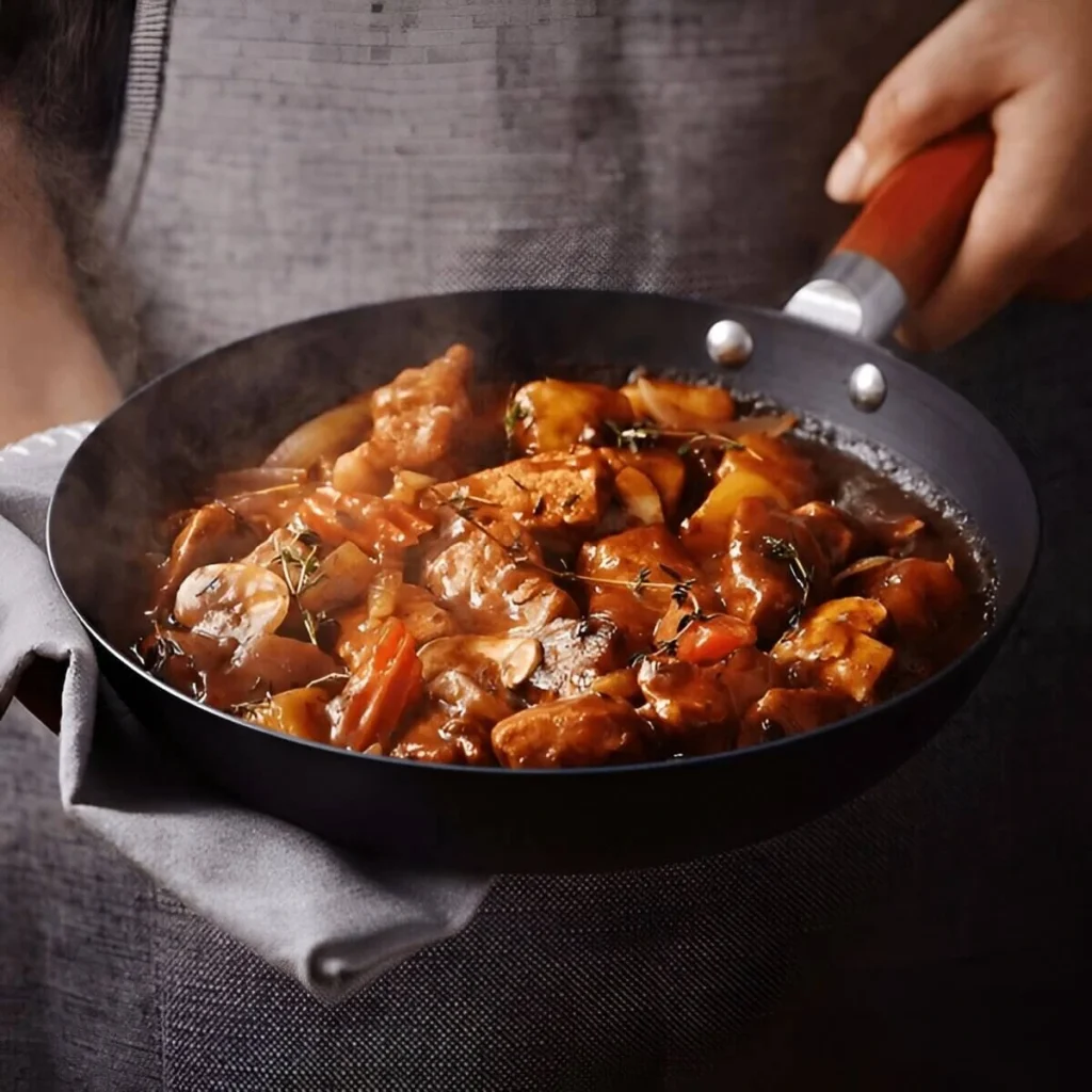  Un bol de goulash hongrois traditionnel, servi chaud avec du pain rustique.