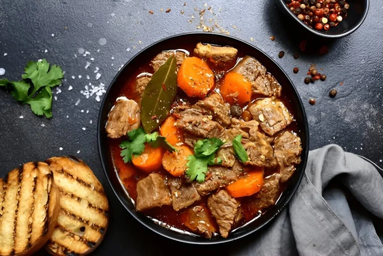 Une assiette de goulash servie avec des nouilles et parsemée de persil frais.