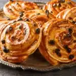Gros plan sur un pain aux raisins spiralé avec une belle dorure.