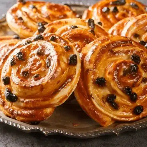 Gros plan sur un pain aux raisins spiralé avec une belle dorure.
