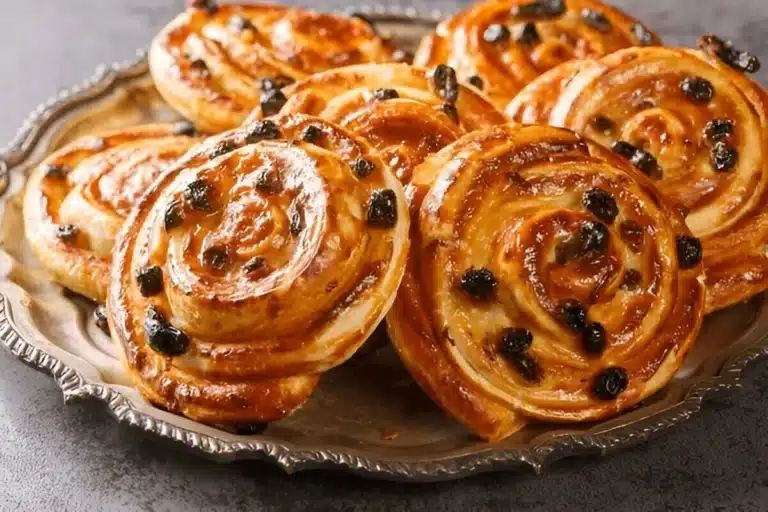 Gros plan sur un pain aux raisins spiralé avec une belle dorure.
