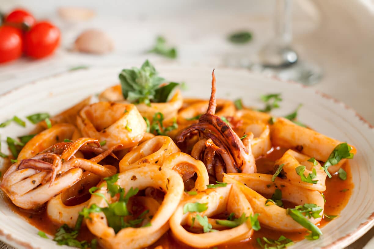 Encornets cuisinés à la sauce tomate et herbes fraîches