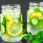 Jus vert au concombre et citron servi dans un verre transparent