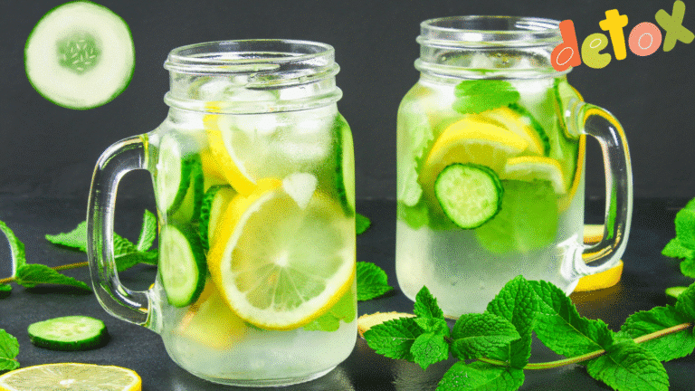 Jus vert au concombre et citron servi dans un verre transparent
