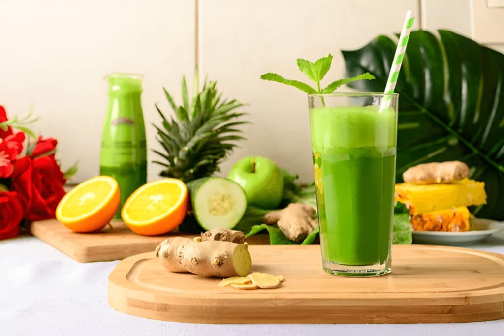Verre de jus détox maison sur fond lumineux
