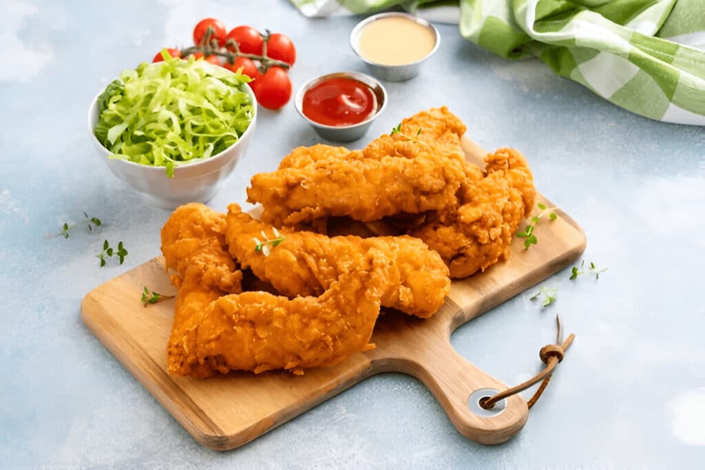 Présentation de poulet frit croustillant avec salade et tomates cerises