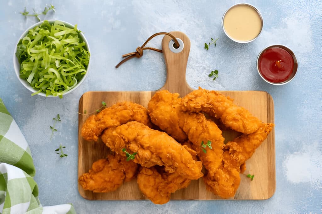 Fried kitchen Nuggets de poulet frit croustillant servis sur une planche en bois avec sauces