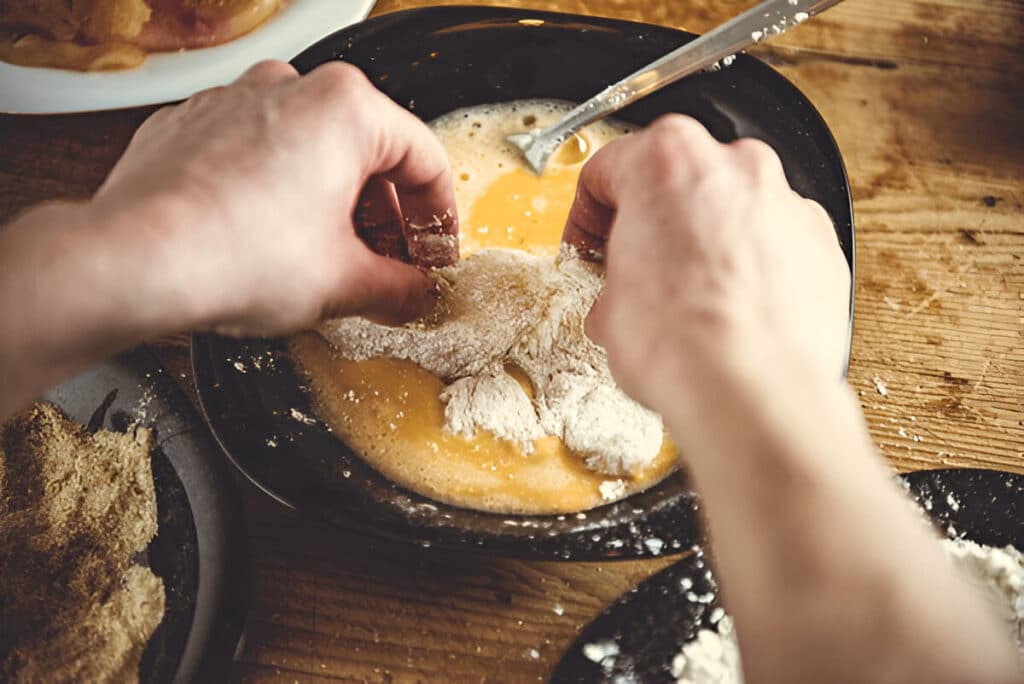 Femme en train de fariner du poulet sur un plan de travail propre