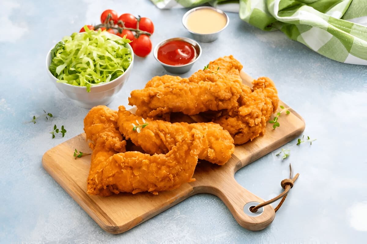 Présentation de poulet frit croustillant avec salade et tomates cerises