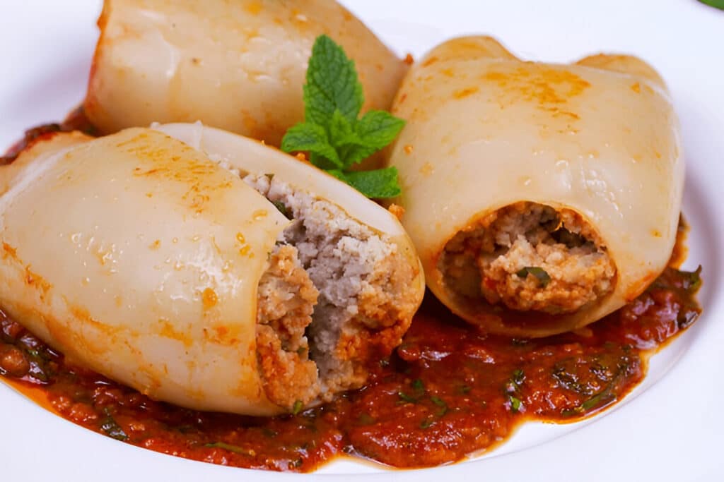 Encornets farcis à la viande hachée nappés de sauce tomate.